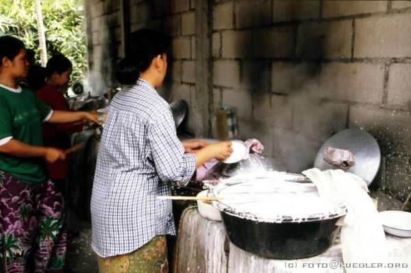 image-171 <p><b>Reisfabrik</b></p>
<br>
<div align=left>
<p>Auf unserem Weg nach Chiang Khan besuchen wir eine winzige "Fabrik", die Frühlingsrollenteig herstellt. Fünf bis sechs Frauen arbeiten hier und verdienen damit pro Tag ungefähr 250 Baht, etwa 5 Euro. Kaum zu glauben, aber sie produzieren so viel, dass sie sogar ins Ausland exportieren.</p>
<p>Der Reis wird so lange eingeweicht, bis nur noch eine breiige Masse übrigbleibt...</p>
</div>