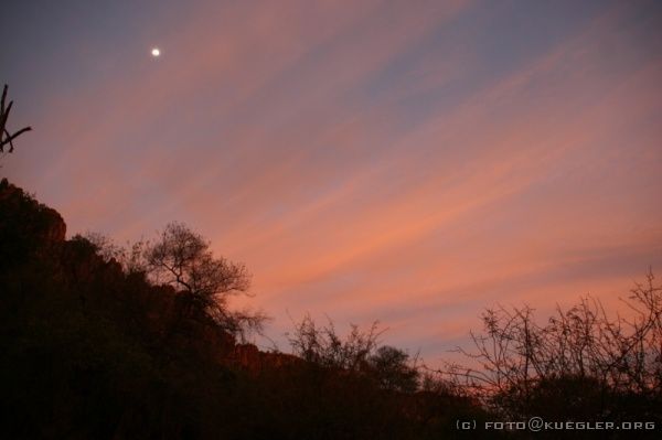 IMG_5138 <P><B>Waterberg</B></P>

<div align=left>
<P>Wir dürfen noch einen farbenreichen Sonnenuntergang mitnehmen und kommen leicht angeschwippst unten am Zeltplatz wieder an. Da es noch ungefähr eine Stunde bis zum Abendessen dauern wird, laufen wir nochmal den Berg hinauf bis zum Restaurant auf halber Höhe. Stefans Eltern essen hier mit ihrer Gruppe zu Abend. Wir setzen uns auf ein Bier mit dazu und erzählen.</P>
</div>